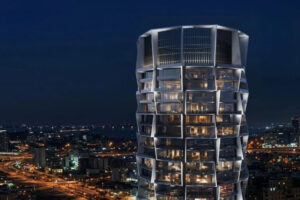 "Rooftop infinity pool at Binghatti Circle overlooking Dubai skyline"